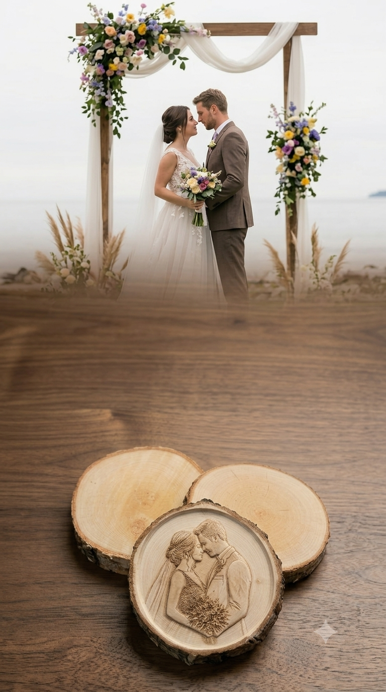3D-Gravur eines Hochzeitspaares auf einer Baumscheibe